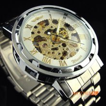 Pop Mens White Golden Skeleton Self-winding Automatic Mechanical Steel Watch Hot