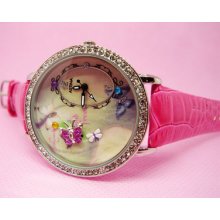 Popular Butterfly Crystal Womens Leather Band Wristwatch Quart Watches Pw64