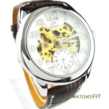 Popular Mens Hollow White Dial Arabic Numerals Analog Automatic Mechanical Watch