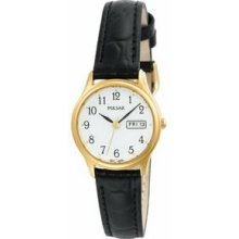 Pulsar Women`s Black Leather Strap Watch