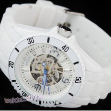 Pure White Silver Unisex Skeleton Auto Mechanical Selfwind Rubber Wrist Watch