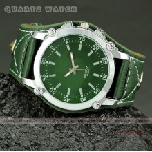 Q569 - Young Men Women Army Green Pu Leather Outdoor Sport Big Dial Quartz Watch