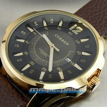 Quartz Hour Dial Date Day Clock Leater Golden Sort Men Steel Wrist Watch A229