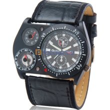 Quartz Movement Analog Sporty Watch with Faux Leather Strap, Compass, Thermometer (Black)