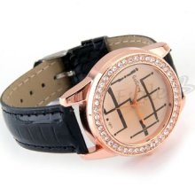 Quartz Movement Rose Gold Dial Wrist Watch Wristwatch Black Watchband Lady