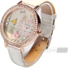 Quartz Movement Round Dial Rhinestone White Pu Watchband Wrist Watch Wristwatch