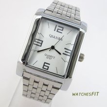 Rectangle White Dial Classical Analog Lady Women Girls Steel Wrist Quartz Watch