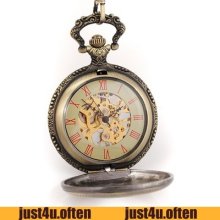 Red Roman Number Vintage Hand Winding Free Chain Pocket Watches Skeleton Gift