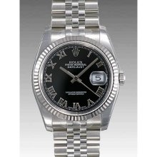 Rolex Datejust Black Roman Dial Jubilee Bracelet Fluted Bezel Mens Watch 116234BKRJ