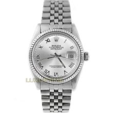 Rolex Mens Watch Ss Datejust 16014 Silver Roman Dial 18k Gold Fluted Bezel Mint