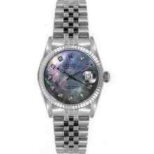 Rolex Women's Datejust Midsize Stainless Steel Fluted Black Mother of Pearl Diamond Dial