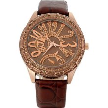 ^^round Dial Bone-purfled Stainless Steel Coffee Pattern Pu Leather Wrist Watch