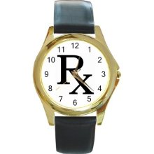 Rx Pharmacist Symbol on a Gold Watch w/ Leather NEW - Black - Gold Tone