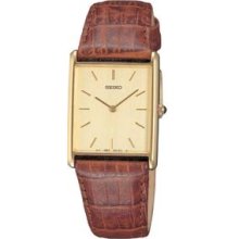 Seiko Men`s Brown Genuine Leather Strap Gold Watch W/ Rectangle Dial