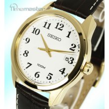 Seiko Quartz Mens Casual Dress Calf Leather Strap Gold Tone White Face Sgeg18p1