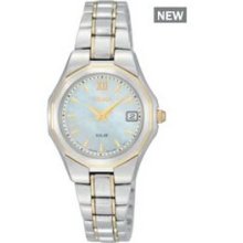 Seiko Solar Ladies` Silver/Gold Watch W/ Mother Of Pearl Dial