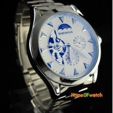 Shenhua White Dial Automatic Mechanical Men's S/steel Watch Moon And Sun Phase