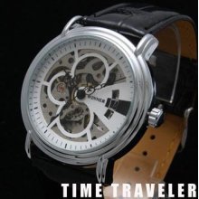 Silver Automatic Mechanical Mens Leather Wrist Watch