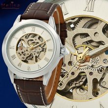 Silver Dial Mechanical Skeleton Automatic Real Brown Strap Leather Wrist Watch