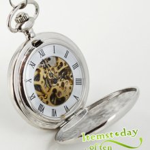 Silver Handwind Skeleton Pocket Watch Double Cover Open Polish Case Mechanical