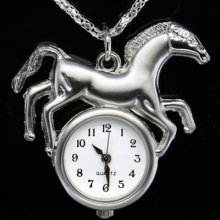 Silver Horse Necklace Pocket Watch / Pendant Key Chain & Sparkling Chain