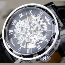 Silver Skeleton Analog Black Leather Mechanical Men Wrist Watch Waterproof