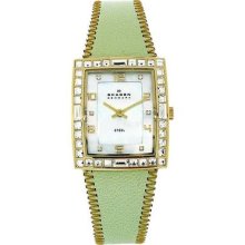 Skagen 527sgle Mother Of Pearl Crystal Dial Lime Genuine Leather