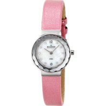 Skagen Denmark Mother Of Pearl Dial Mirrored Bezel Pink Leather Ladies Watch