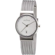 Skagen Pattern Striped Mesh Stainless Steel Swarovski Hour Indicator Women Watch