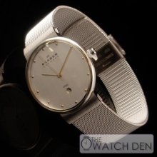 Skagen- Silver Dial Gold Tone Bezel Mens Watch -355lgsc