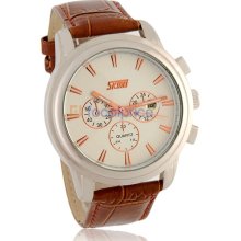 SKMEI Round Dial 30m Waterproof Analog Watch with Leather Strap (Brown)