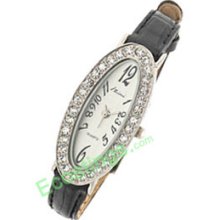 Slim Ladies Oval Face Rhinestone Leather Wrist Watch