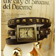 Slim Long Leather Rivtes Band Leisure Square Retro Style Quartz Women Watch