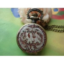 Small Antique Bronze Vintage Filigree Painted White & Pink Elephants Round Pocket Watch Locket Pendants Necklaces