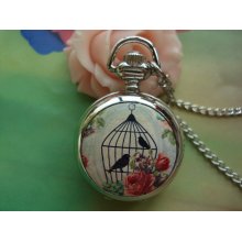 Small Silver Vintage Filigree Painted Red Peony Flowers Birds Cages Birdcage Silver Pocket Watch Locket Necklaces FREE Ribbon