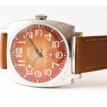 Soviet men's watch, brick red sandy face watch, vintage wristwatch caramel leather watch