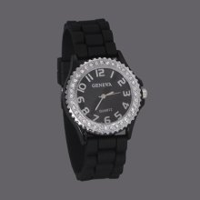 Sparkling Rhinestone Inlaid Digital Wrist Watch Silicone Band - Black