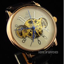 Special Rose-gold Tone Skeleton Dial Blue Hand Automatic Mechanical Watch Mens