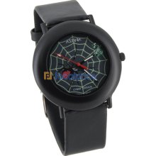 Spider and Luminous Cobweb Design Watch Dial PU Leather Band Unisex Wrist Watch (Black)