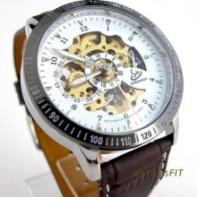 Sports Men's Analog Hollow Auto Self-winding Mechanical Leather Wrist Watch