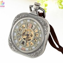 ^square Antique Silver Gear Rope Lattice Hollow Skeleton Mechanical Pocket Watch