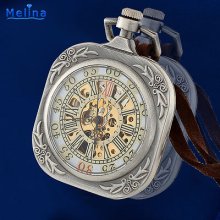 Square Antique Silver Hide Rope Lattice Hollow Skeleton Mechanical Pocket Watch