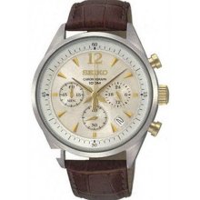 Stainless Steel Case Chronograph Champagne Dial Date Display Leather Strap