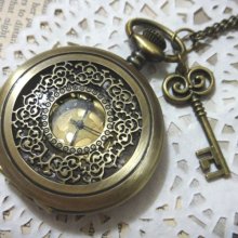 Steampunk Magical Key Large Pocket Watch Necklace - Skeleton Key