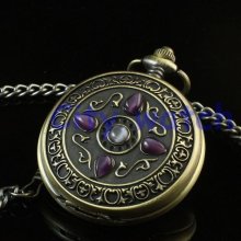 Steampunk Watch--Antique Bronze Hollow Case with purple bead Unisex Mechanical Pocket Watch