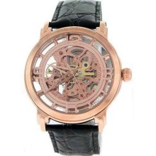 Stuhrling 165b Winchester Grand Skeleton Rose Dial Black Strap Mens Watch