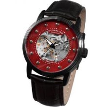 Stuhrling Original 107D.335540 Skeleton watch on a Black Case with Red Dialandamp;#44; Silver Hour Markers and Black Leather Strap