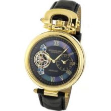 Stuhrling Original 127.33151 Mens Emperor Automatic 23K Yellow Gold Layered Caseandamp;#44; Case-Backandamp;#44; Crown and Bridge; Charcoal Dial and Black Mother of Pearl Inlay