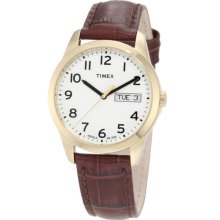 Timex T2n065 Men's Elevated Classics Gold Tone Steel Brown Band White Dial Watch