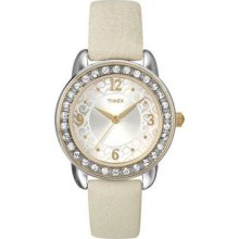 Timex Womens Crystal Accented Pattern Dial Off White Leather Strap Watch T2n447